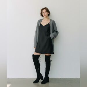 Black Faux Suede Over-the-Knee Boots with Buckle Strap Accent